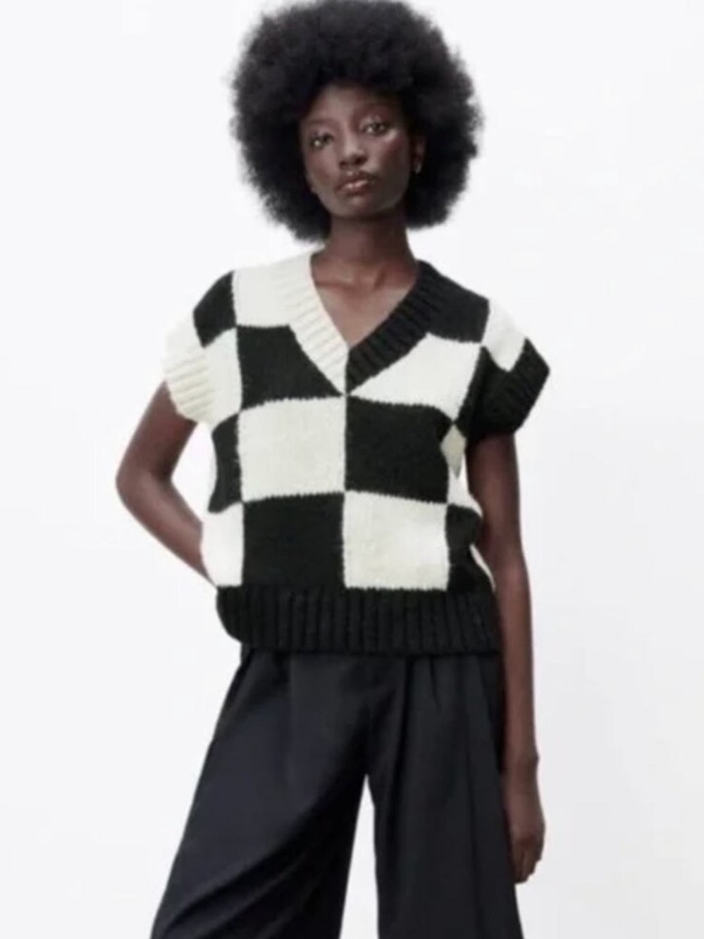 NWT Zara black and white checkered short sleeve sweater